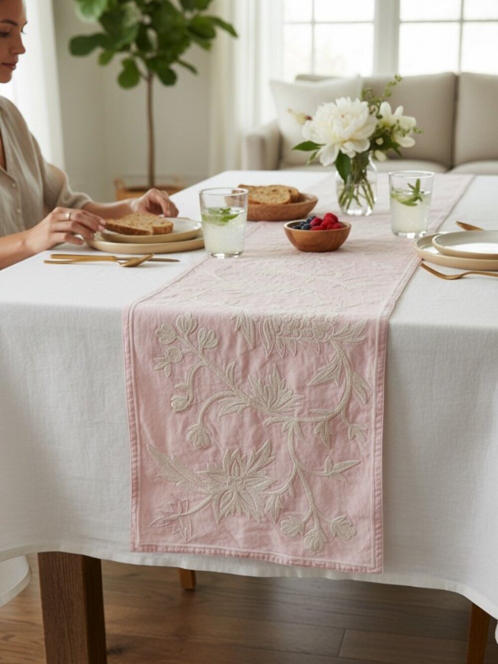 Williams Sonoma Pink Embroidered Floral Table Runner Cottagecore Decor 16" x 85"